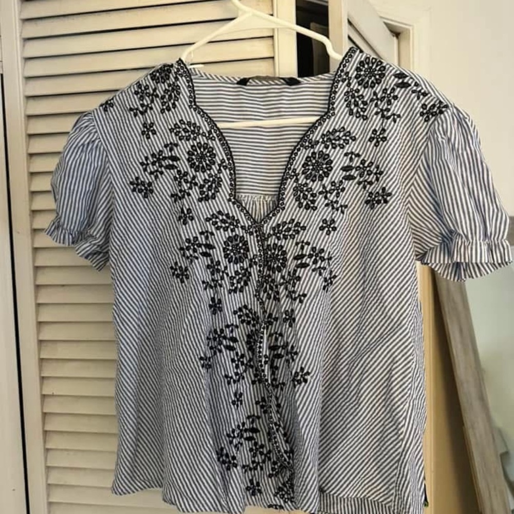 Striped Black and White Embroidered Women's Top